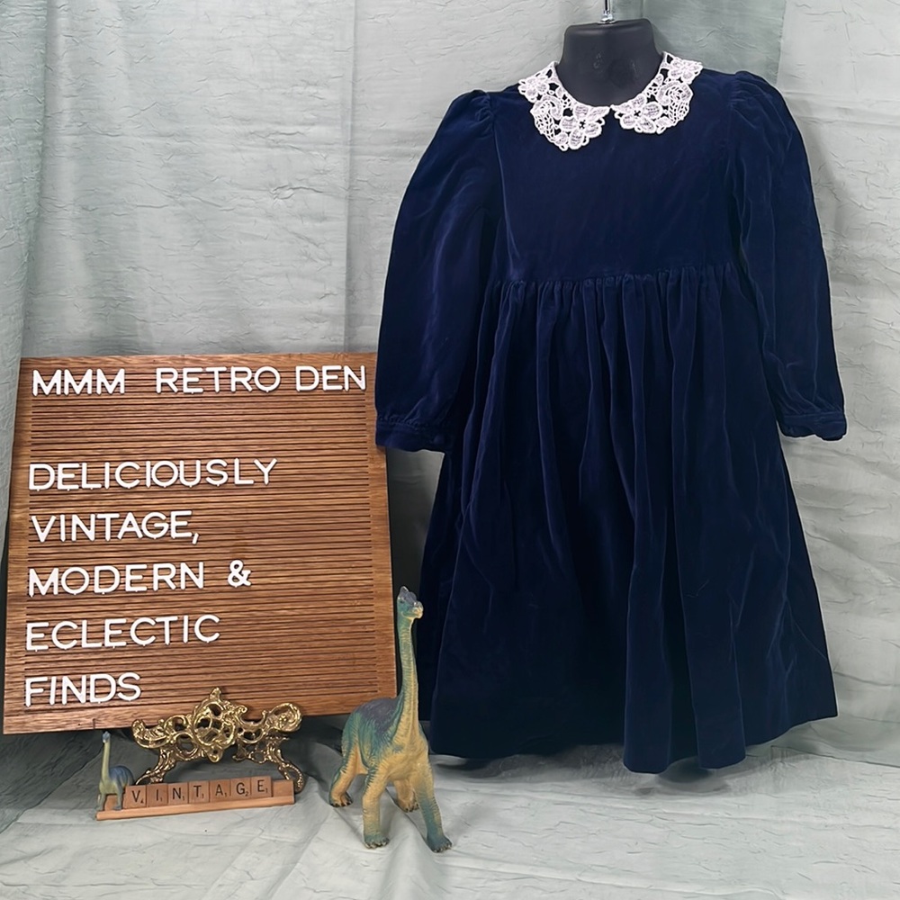 Vintage Hartstrings Navy Blue Velvet with White Crocheted Collar Dress | 4